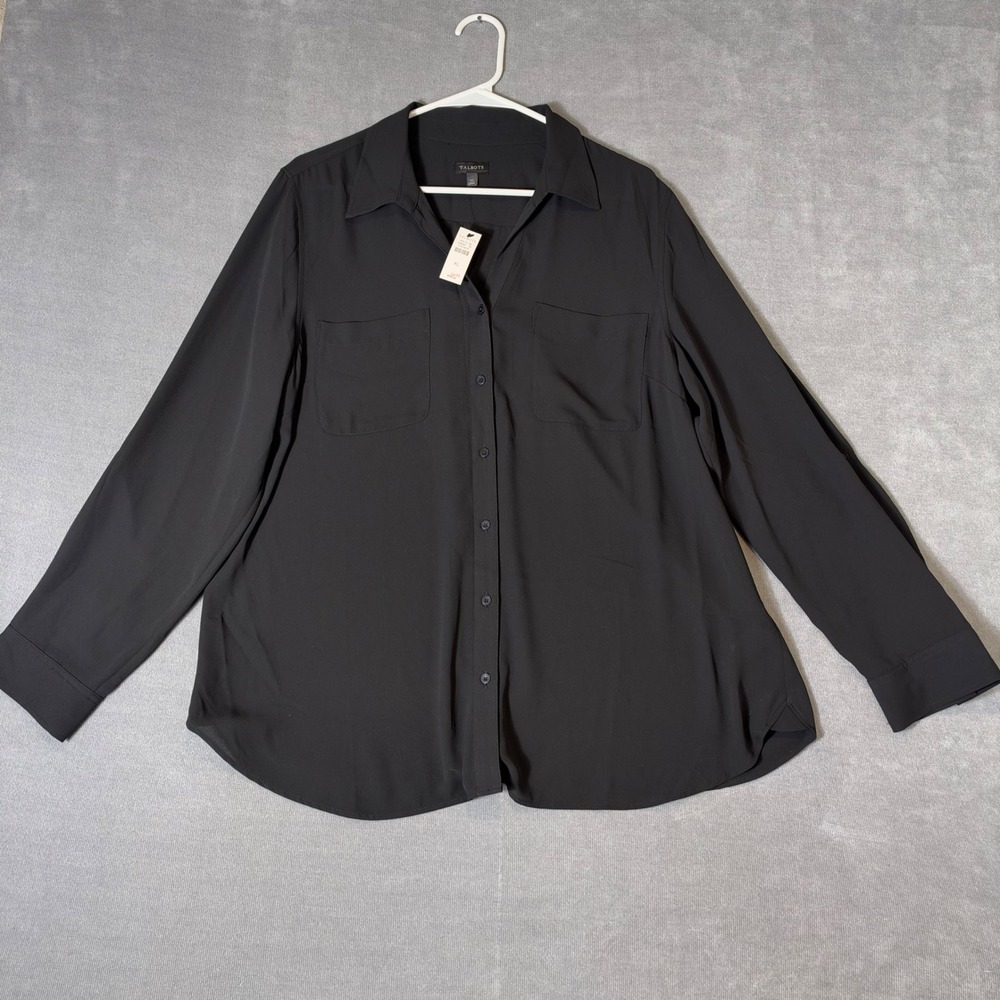 Talbots Womens XL Black Long Sleeve Button Down Utility Pocket Shirt NWT